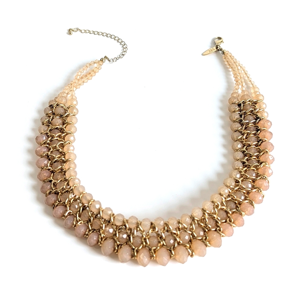 Faceted Bead Statement Necklace Gold Chain Layered Collar in Blush Pink - Picture 2 of 7